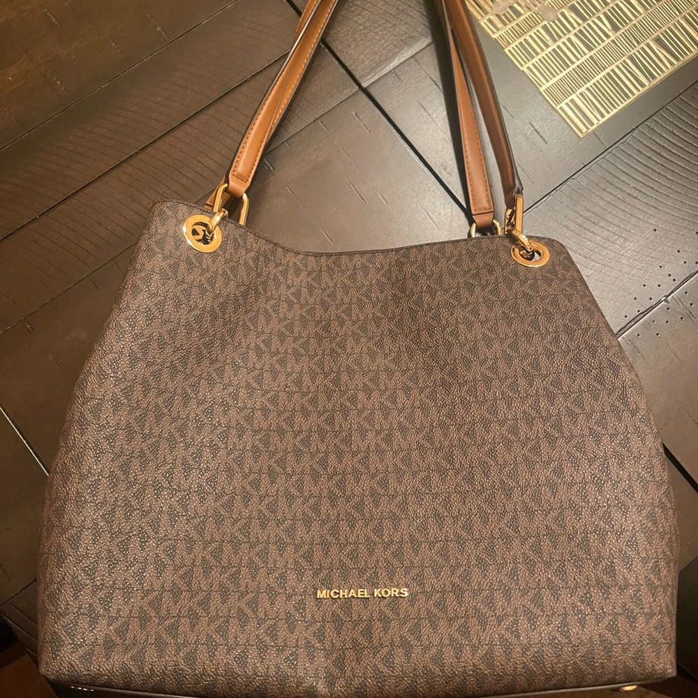 Michael Kors Brown MK Signature Shoulder Tote with Tan Straps